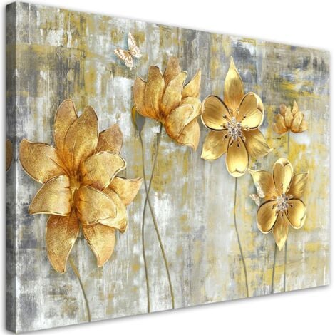 Tableau sur toile, Fleurs et papillons dorés - 60x40