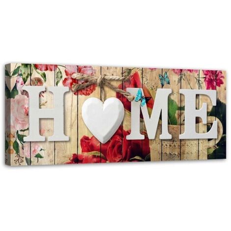 Tableau sur toile Inscription Home avec fleurs roses 90x30