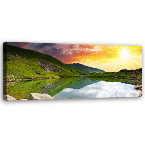 Tableau sur toile Lac de montagne et coucher de soleil 90x30