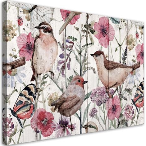 Tableau sur toile Oiseaux et papillons dans la prairie 100x70
