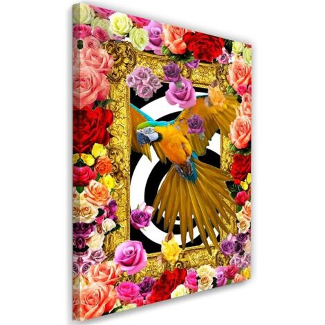 Tableau sur toile Perroquet Fleurs colorées Roses 40x60