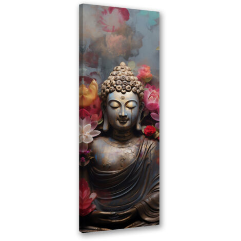 Tableau sur toile Statue de Bouddha avec fleurs 30x90