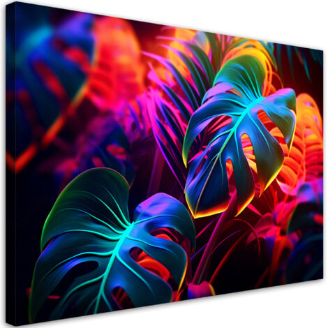 Tableau sur toile Tableau sur toile Feuilles de monstera aux couleurs néon 100x70