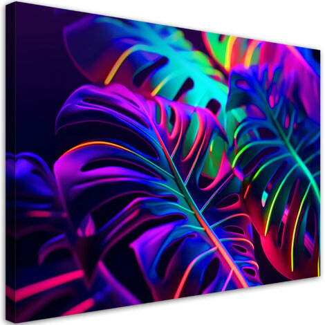 Tableau sur toile Tableau sur toile Feuilles de monstera aux couleurs néon 60x40