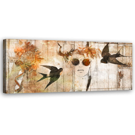 Tableau sur toile Visage de femme et oiseaux 90x30
