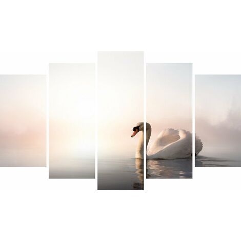 Tableau Swan - Decoration murale, animaux - 5 pieces - pour Salon, Chambre - en Bois de Pin, Polyester, 100 x 3 x 60 cm