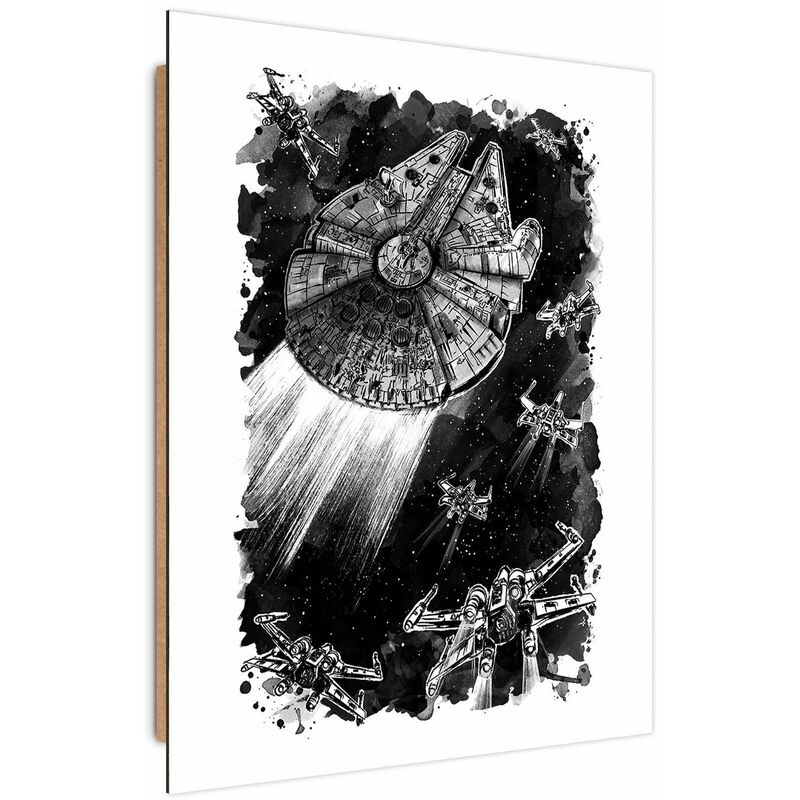 Tableau bois Star Wars assaut du Faucon Millenium - 40 x 60 cm - Noir, blanc