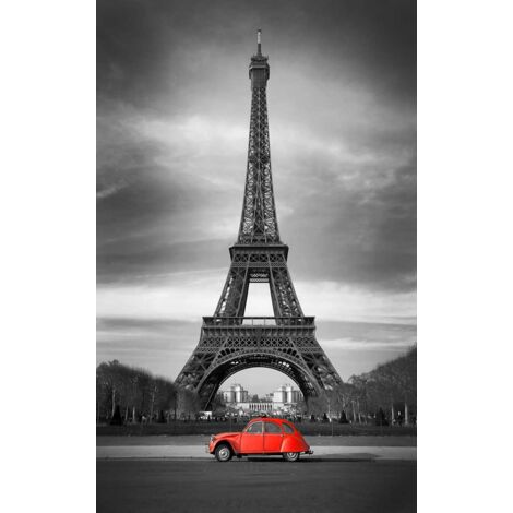 Tableau Tour Eiffel et 2CV rouge, noir et blanc 50x80 cm – Impression UVgel – Toile intissé coton/polyester – Rendu mat premium – Hxadeco