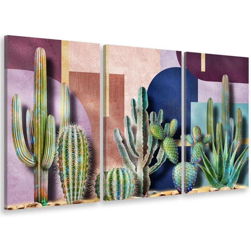 Hxadeco - Tableau triptyque cactus et cercles graphiques - 90x60 cm