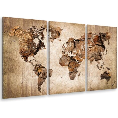 Tableau triptyque carte du monde en toile intissée – 90x60 cm – Impression UVgel résistante aux UV – Décoration intérieure élégante – Hxadeco