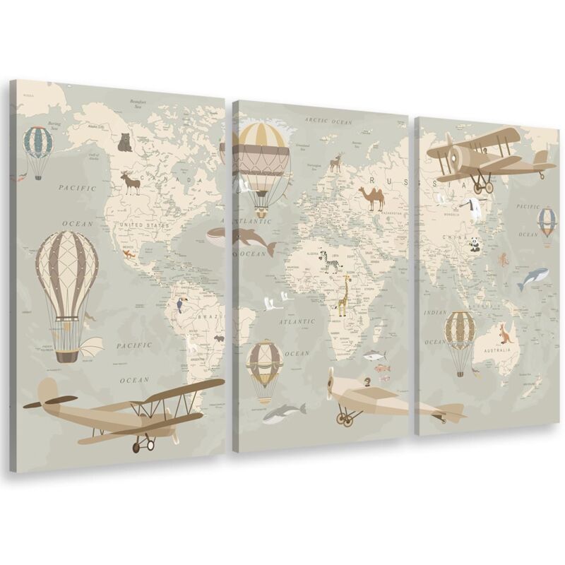 Tableau triptyque enfant carte du monde avions et montgolfières - 90x60 cm