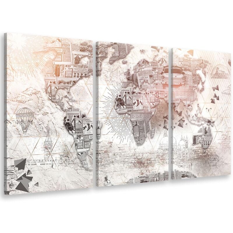 Hxadeco - Tableau triptyque esprit collage en Papier carte du monde - 90x60 cm