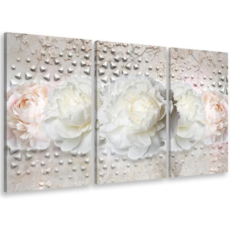 Hxadeco - Tableau triptyque fleurs roses et design clouté - 90x60 cm