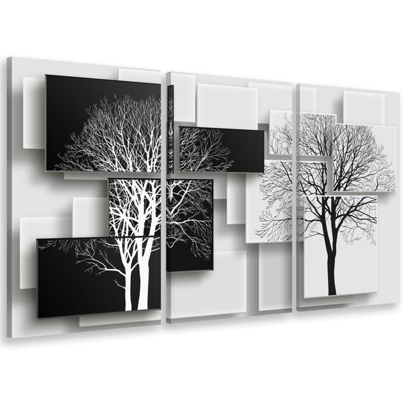 Hxadeco - Tableau triptyque graphique arbres sur fonds noir et blanc - 90x60 cm