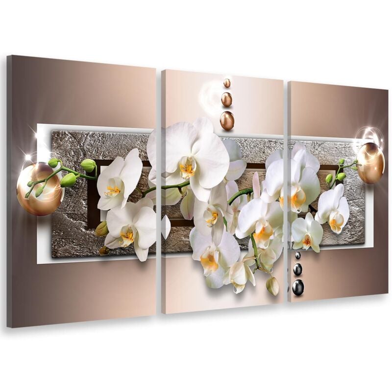Hxadeco - Tableau triptyque graphique fleurs d'orchidées - 90x60 cm