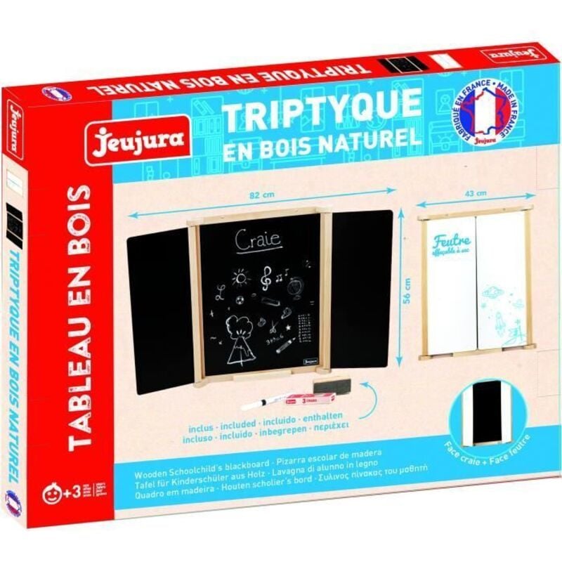 Tableau Triptyque Mural en Bois Naturel Jeujura Ardoise Centrale et Volets Craie/Feutre, Accessoires Inclus, 82x56 cm