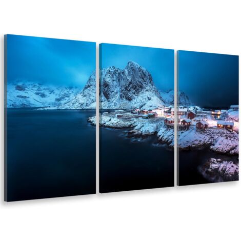Tableau triptyque paysage cabane de pêcheurs en norvège - 90x60 cm