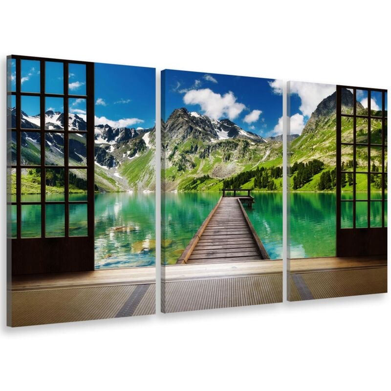 Hxadeco - Tableau triptyque trompe oeil amarrage en lac de montagne - 90x60 cm