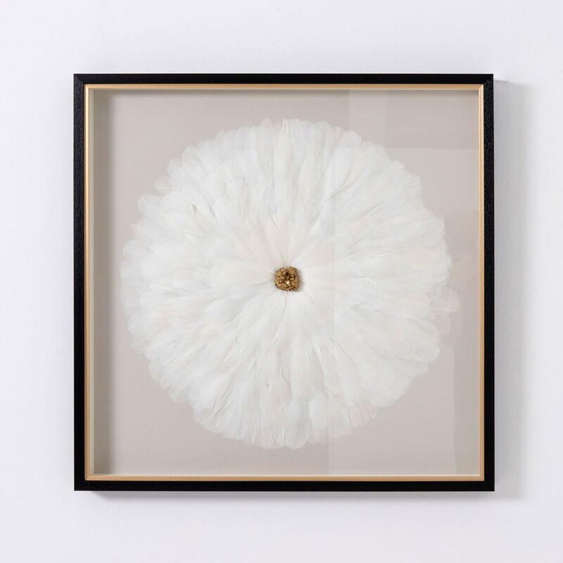 Tableau vitrine,avec plume et pierre de cristal coloris blanc, or avec cadre noir - Longueur 80 x Profondeur 5 x Hauteur 80 cm