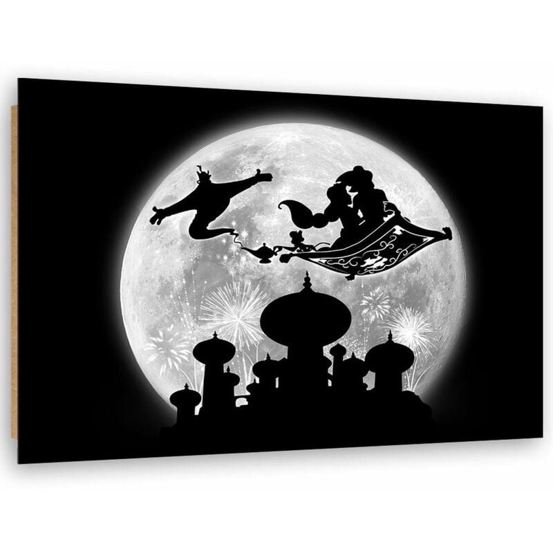 Tableau bois Aladin silhouettes sur fond de Lune - 60 x 40 cm - Noir, blanc