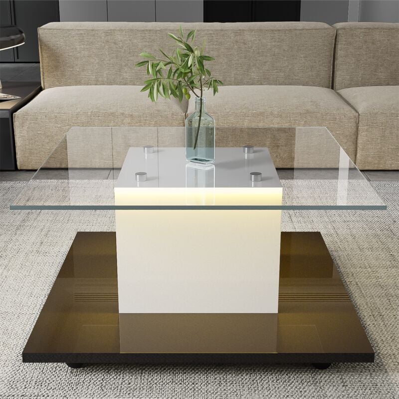 Modernluxe - Table basse moderne à roulettes pivotantes - avec led - Blanc & Noir