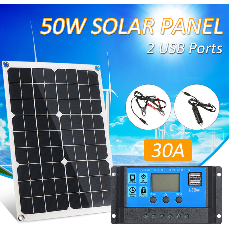 

Tablero de carga solar 50W con cargador de coche dual USB IP65 impermeable + controlador solar (modelo azul) 30A