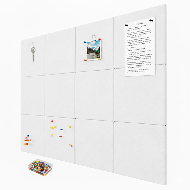 Tablero de fieltro Relaxdays, 12 unidades, cuadrados autoadhesivos, HBT: 30 x 30 x 0,9 cm, con chinchetas incl., blanco