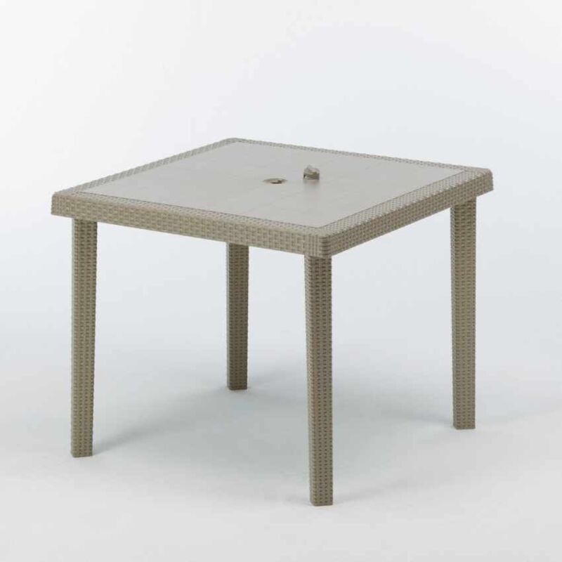 Grand Soleil – Table de jardin carrée 90x90 cm en polyrotin beige – Résistante aux UV – Trou central pour parasol – Surface facile à nettoyer