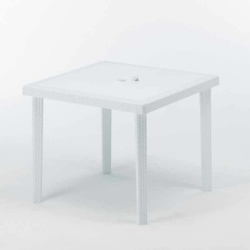 Grand Soleil – Table de jardin carrée 90x90 cm – Polyrotin résistant aux UV – Trou pour parasol – Usage domestique et commercial