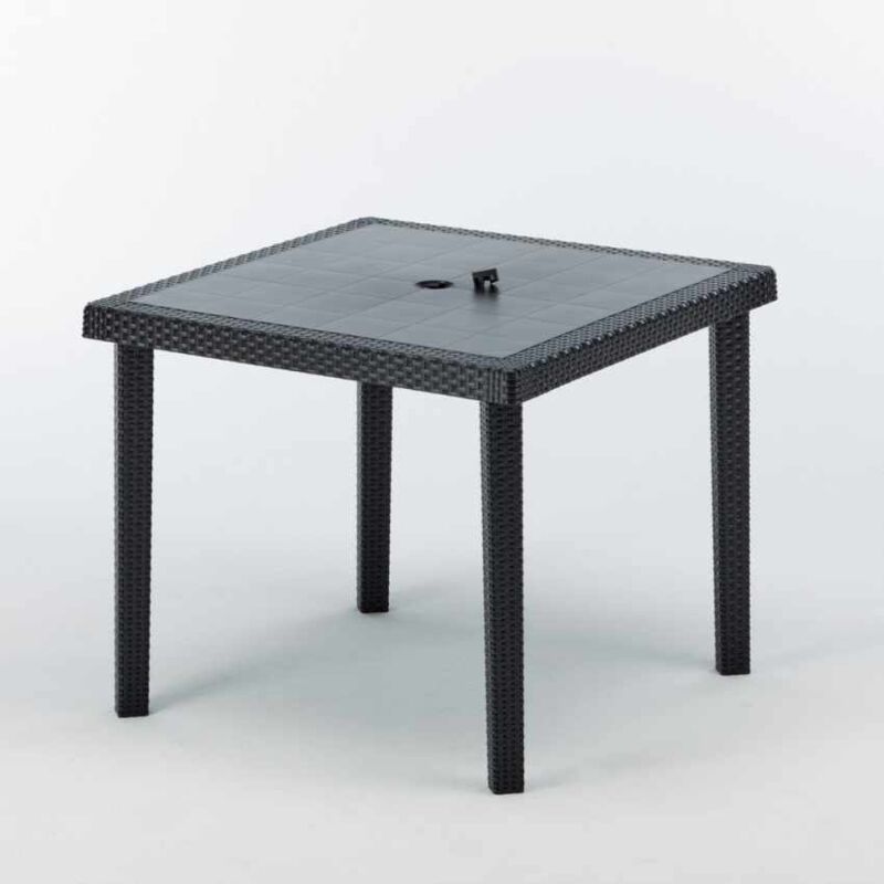 Grand Soleil – Table de jardin carrée 90x90 cm – Polyrotin noir – Résistante aux UV – Trou pour parasol – Pour espaces extérieurs modernes
