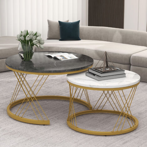 Tables basse emboîtables 70×70×47 / 45×45×40 cm, plateaux MDF effet marbre, métal doré - Gris