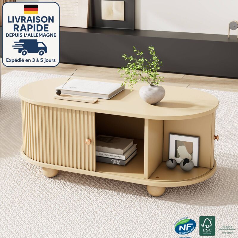 Tables basses fixes 100x50x40cm table de salon, porte coulissante, mdf, naturel