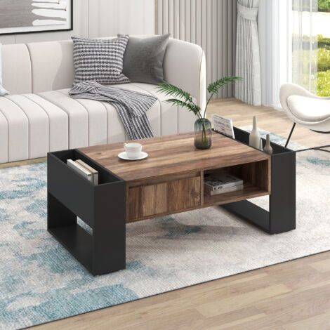 Tables basses fixes 111x60x40cm, table basse, 1 tiroir, compartiments ouverts, aggloméré, noir + marron