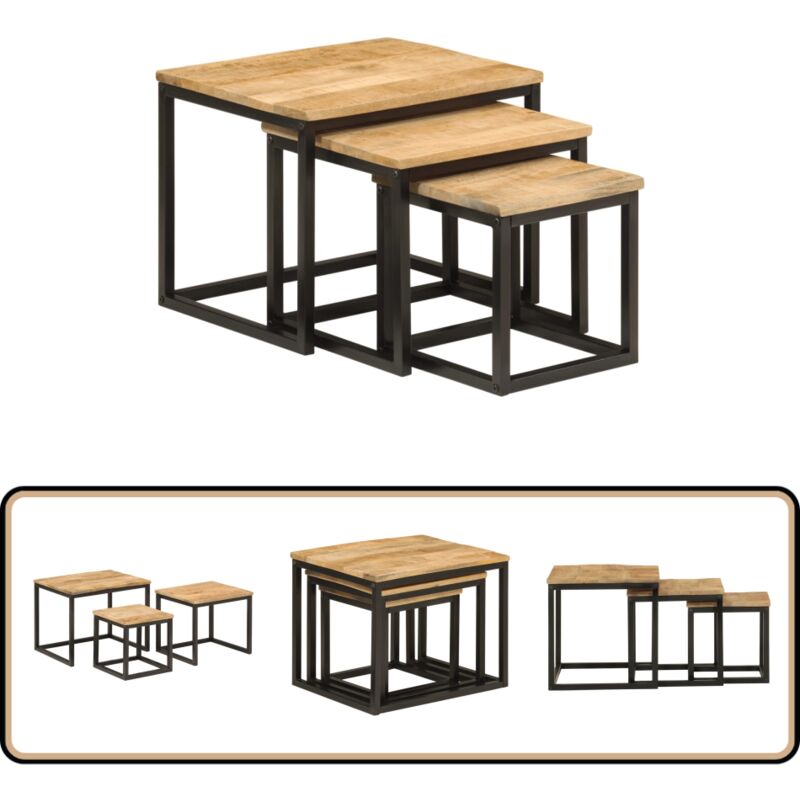 Vidaxl - Tables basses gigognes 3 pcs bois massif de manguier et fer - Table Basse Gigogne - Table D'appoint - Mobilier Petit Espace - Table En Bois