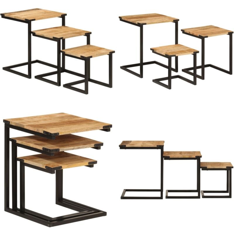 Vidaxl - Tables basses gigognes 3 pcs bois massif de manguier et fer - Table Basse Gigogne - Tables D'appoint - Mobilier Salle Séjour - Table En Bois