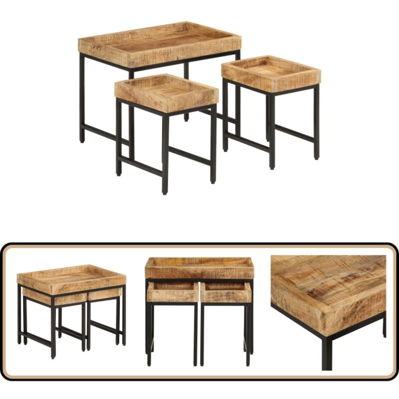 Vidaxl - Tables basses gigognes 3pcs bois de manguier massif brut et fer - Table Basse Gigogne - Table D'appoint - Mobilier Petit Espace - Design