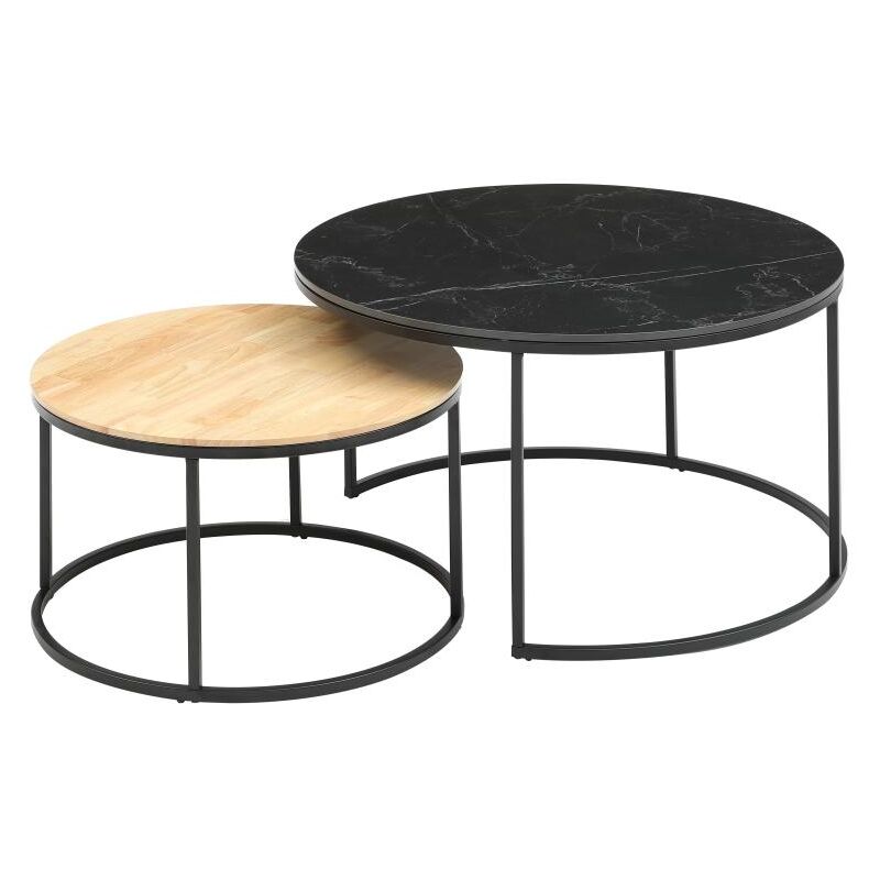 Tables basses gigognes en bois d'hévéa, céramique et acier - Effet marbre noir et naturel clair - JIEMBA