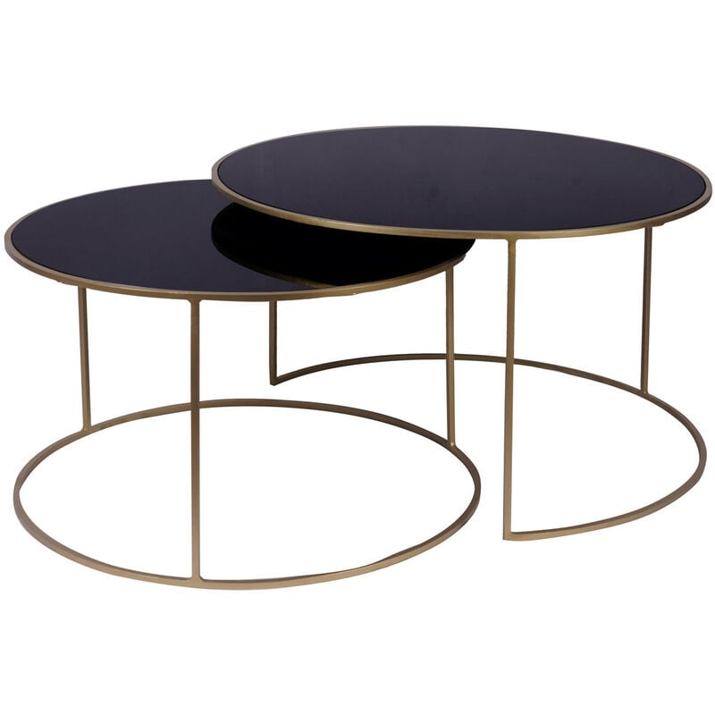 Miliboo - Tables basses gigognes rondes design métal doré et verre teinté noir (lot de 2) roxo