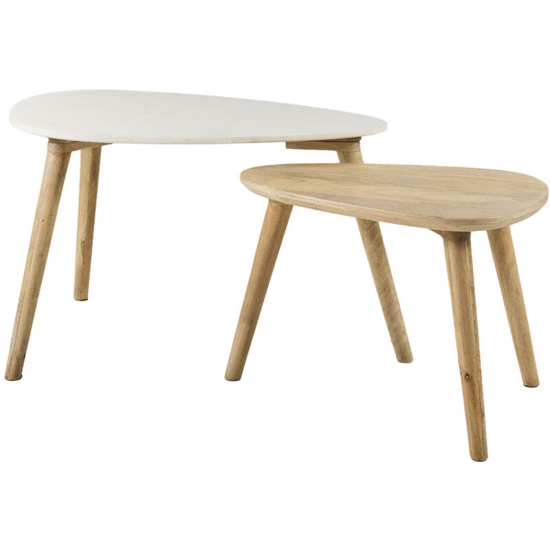Tables basses gigognes marbre blanc et bois manguier massif (lot de 2) EVY Tables basses gigognes marbre blanc et bois manguier massif (lot de 2) EVY