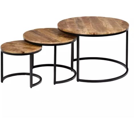 Tables basses gigognes rondes en bois de manguier avec pieds en métal – Dimensions : 50/42,1/36,5 cm – Style industriel moderne – Meubletmoi