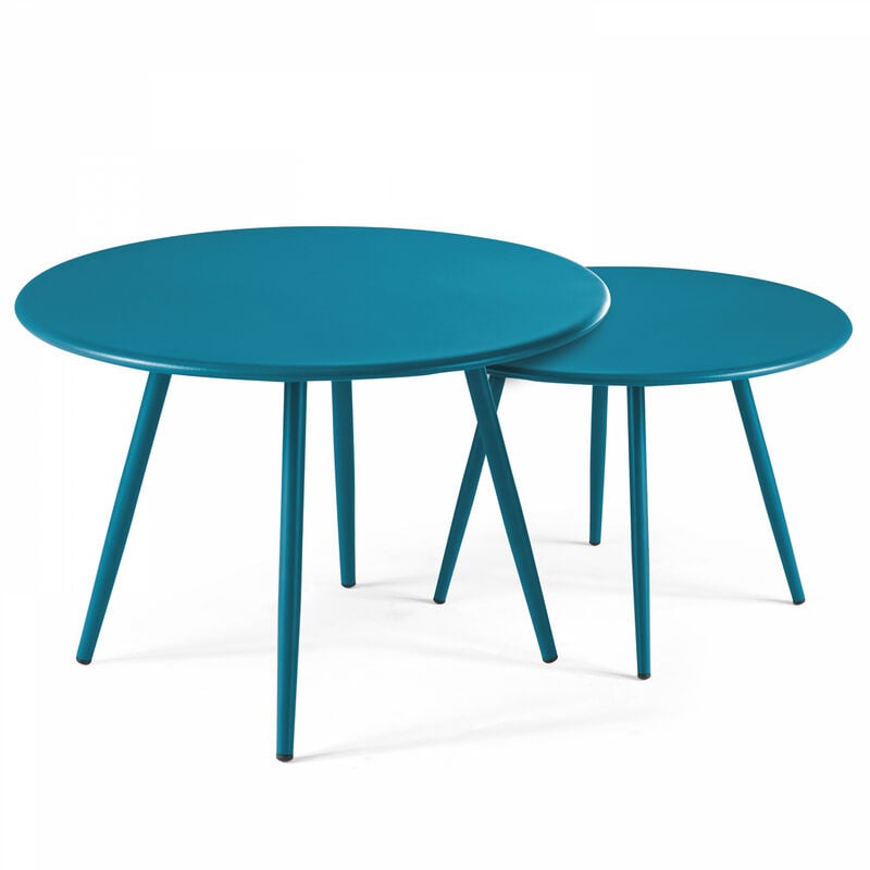 Oviala - Lot de 2 tables basses ronde en acier bleu pacific - Palavas