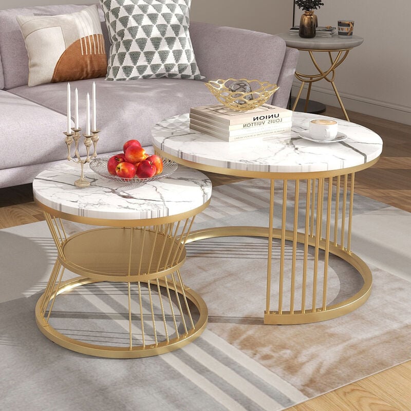 Modernluxe - Lot de 2 tables basses gigognes - placage à motif de marbre - Blanc & Doré