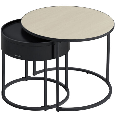 Tables Basses, Lot de 2, Tables d’Appoint Rondes, Tables Gigognes, Style Moderne, Rangement Discret et Plateau, pour Salon, Chambre, Balcon, Beige Naturel et Noir d'Encre