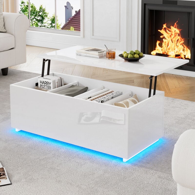 Hauss Spole - Tables basses relevables 100x50x35 cm, led, table d'appoint, compartiment de rangement caché, charge 40 kg, blanc