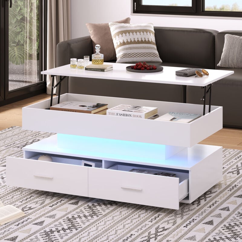 Tables basses relevables 100x50x44 cm, avec led, 2 tiroirs et compartiment de rangement ouvert, blanc