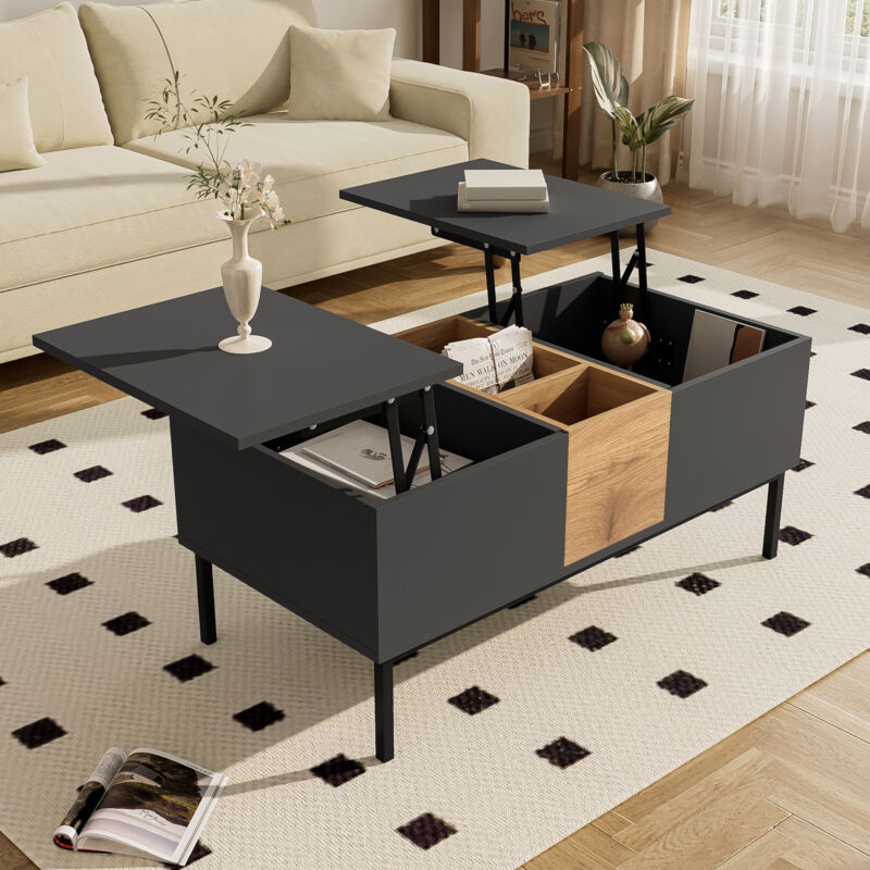 Tables basses relevables 100x50x60cm table de salon, compartiments de rangement ouverts, aggloméré, noir + naturel