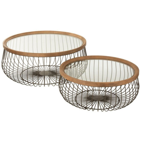 Tables basses rondes en verre bois et métal noir (set de 2) - LATINA