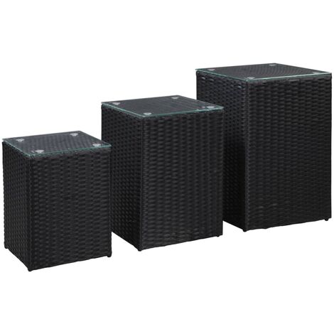 Vidaxl – Lot de 3 tables d'appoint en résine tressée noire – Dessus en verre – Dimensions : 40x40x62cm, 35x35x52cm, 30x30x42cm