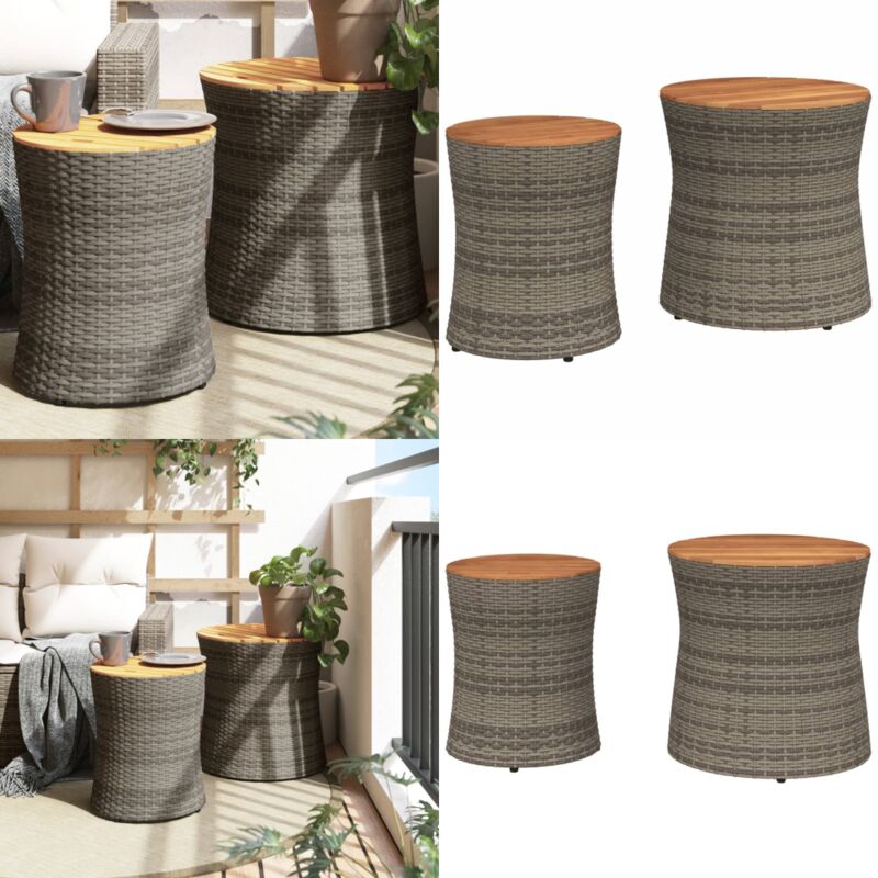 Tables d'appoint de jardin 2 pcs dessus en bois gris poly rotin - Table D'appoint De Jardin - Table Extérieure - Mobilier De Jardin - Résine Tressée