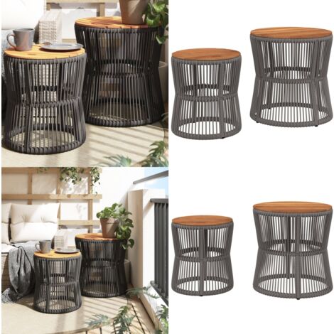 Tables d'appoint de jardin 2 pcs dessus en bois gris poly rotin - Table D'appoint De Jardin - Table Extérieure - Mobilier De Jardin - Résine Tressée - Poly Rotin - Home & Living